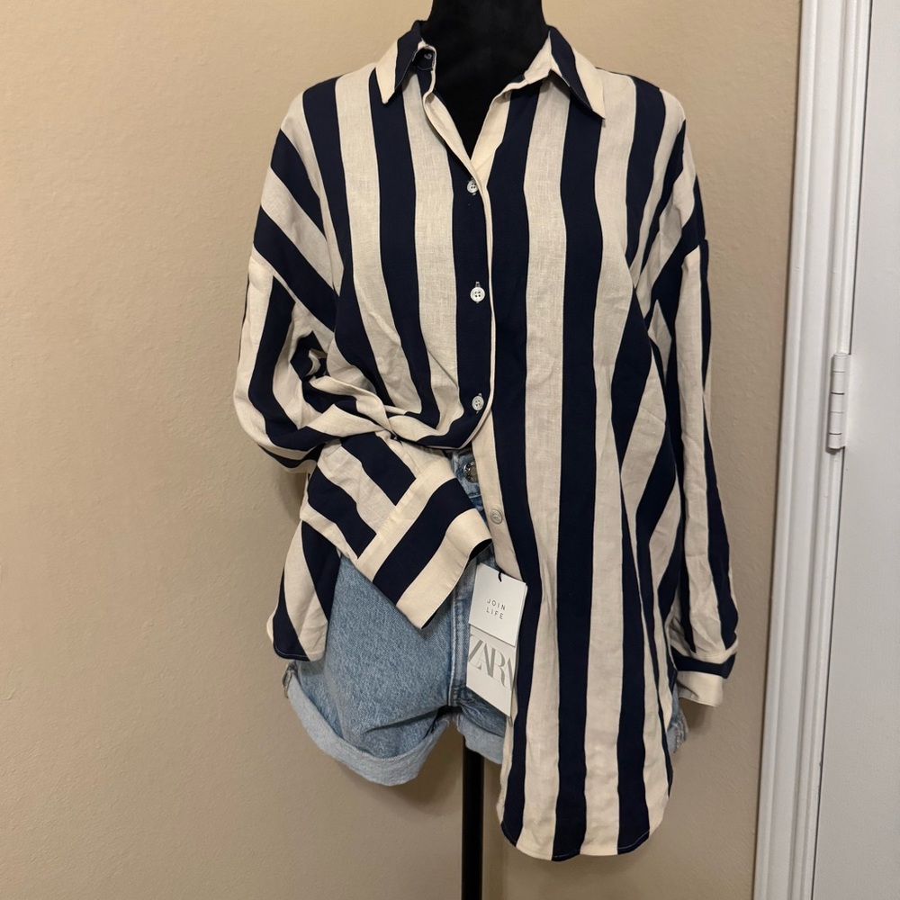 Zara Oversized Striped Linen Shirt - Size XS - Navy & Cream (Made in Morocco)